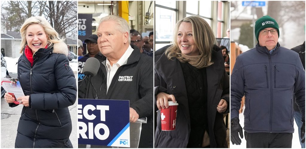 <p>A composite image made from four file photographs show, from left to right, Ontario Liberal Party Leader Bonnie Crombie in Mississauga, Ont., Saturday, Feb. 8, 2025; Ontario Progressive Conservative Party Leader Doug Ford in Toronto, Friday, Feb. 7, 2025; Leader of the Ontario NDP Marit Stiles in Sault Ste. Marie, Ont., Friday, Feb. 7, 2025; and Ontario Green Party Leader Mike Schreiner in Kitchener, Ont., Monday, Feb. 3, 2025. THE CANADIAN PRESS/Nathan Denette, Chris Young, Kenneth Armstrong</p>.