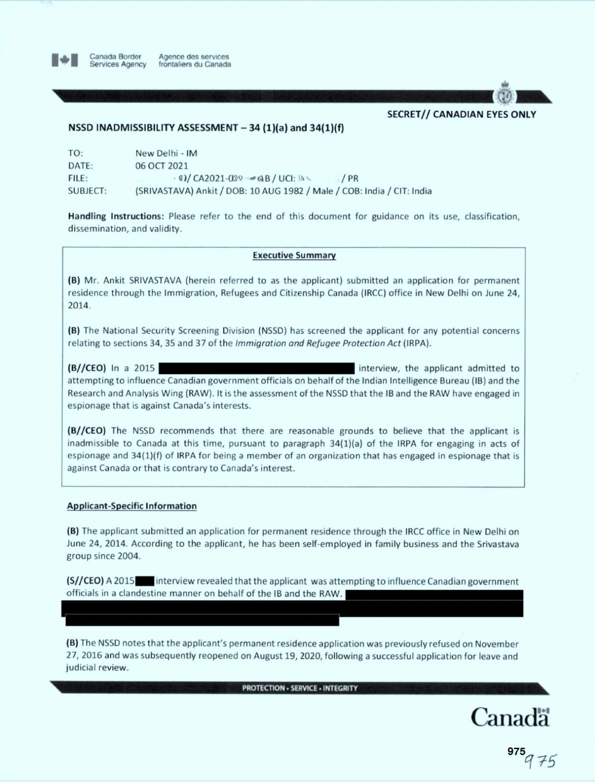 CBSA report on Ankit Srivastava. The government pursued a different strategy in 2022, alleging he was a security threat for, among other things, disinformation.