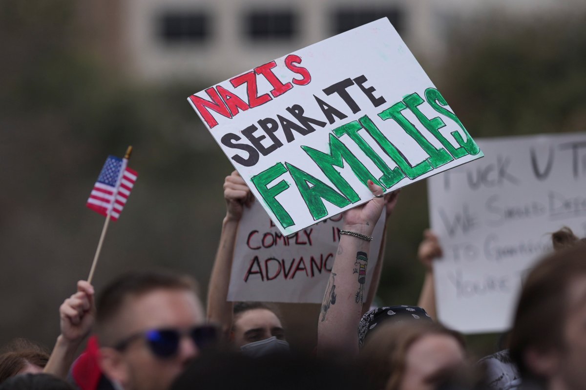 Protesters gather on steps of the Texas Capitol, Wednesday, Feb. 5, 2025, in Austin, Texas.