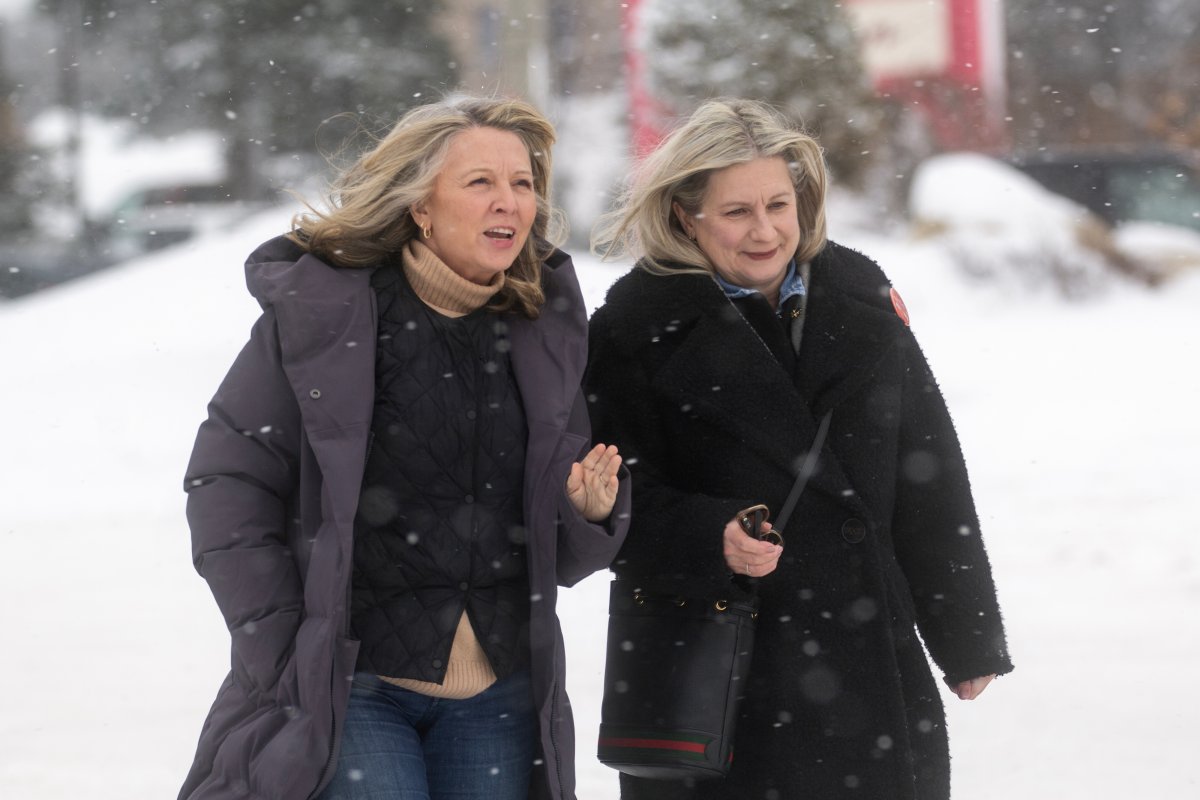 Ontario NDP leader Marit Stiles walks with local NDP candidate Lisa Vezeau-Allen during a campaign stop in Sault Ste. Marie, Ont. on Friday Feb. 7, 2025.