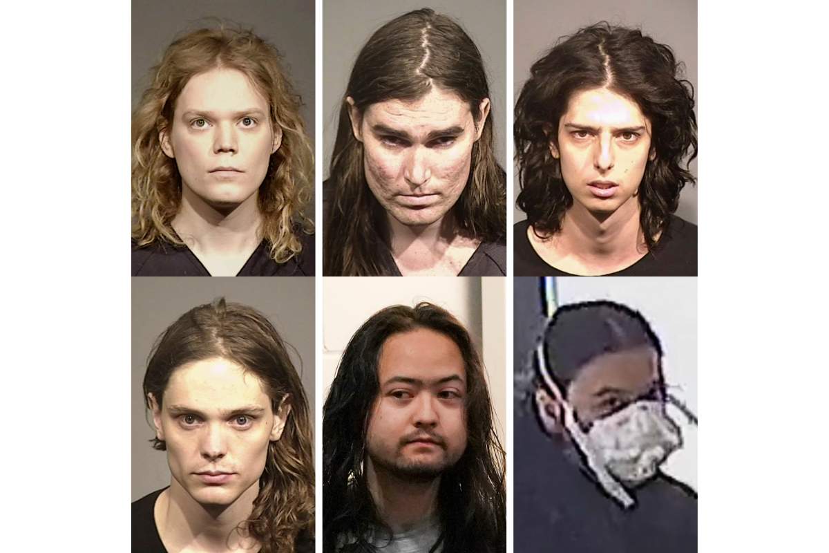 This combination of images from top left shows 2019 Sonoma County Sheriff's office booking mug shots of Jack LaSota, Alexander Leatham, Emma Borhanian and, at bottom left, Gwen Danielson, court appearance of Maximilian Snyder and a Newport City Inn surveillance video image of Teresa Youngblut. They are associates of LaSota, also known as "Ziz."