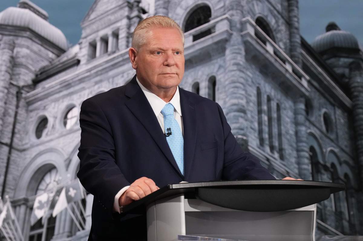 Ontario PC Leader Doug Ford waits for the start of the Ontario Leaders’ debate at CBC’s Broadcast Centre, in Toronto, Monday, Feb. 17, 2025.