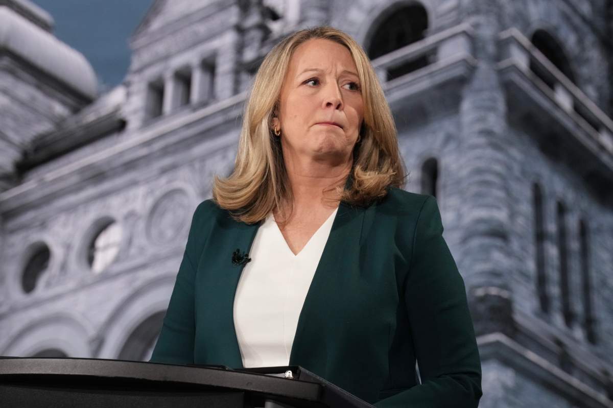 Ontario NDP Leader Marit Stiles waits for the start of the Ontario Leaders’ debate at CBC’s Broadcast Centre, in Toronto, Monday, Feb. 17, 2025.