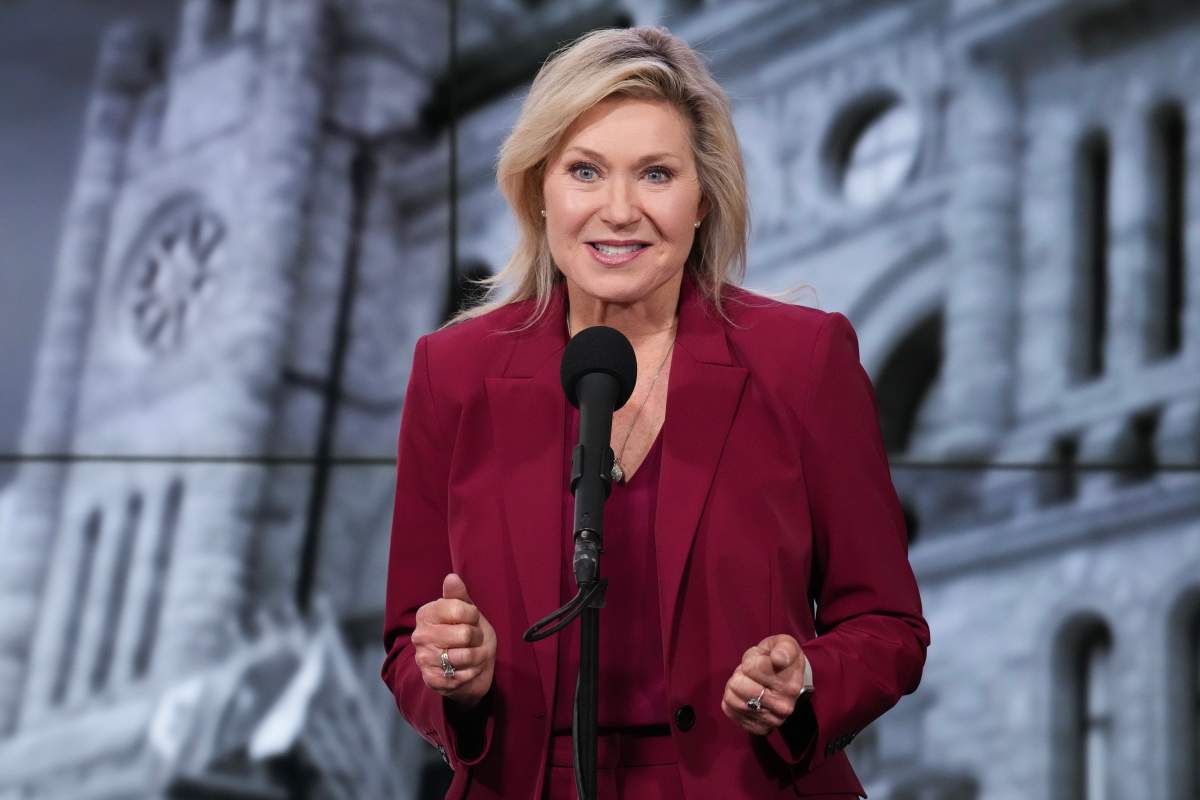 Ontario Liberal Leader Bonnie Crombie speaks to reporters after the Ontario Leaders’ debate at CBC’s Broadcast Centre, in Toronto, Monday, Feb. 17, 2025.