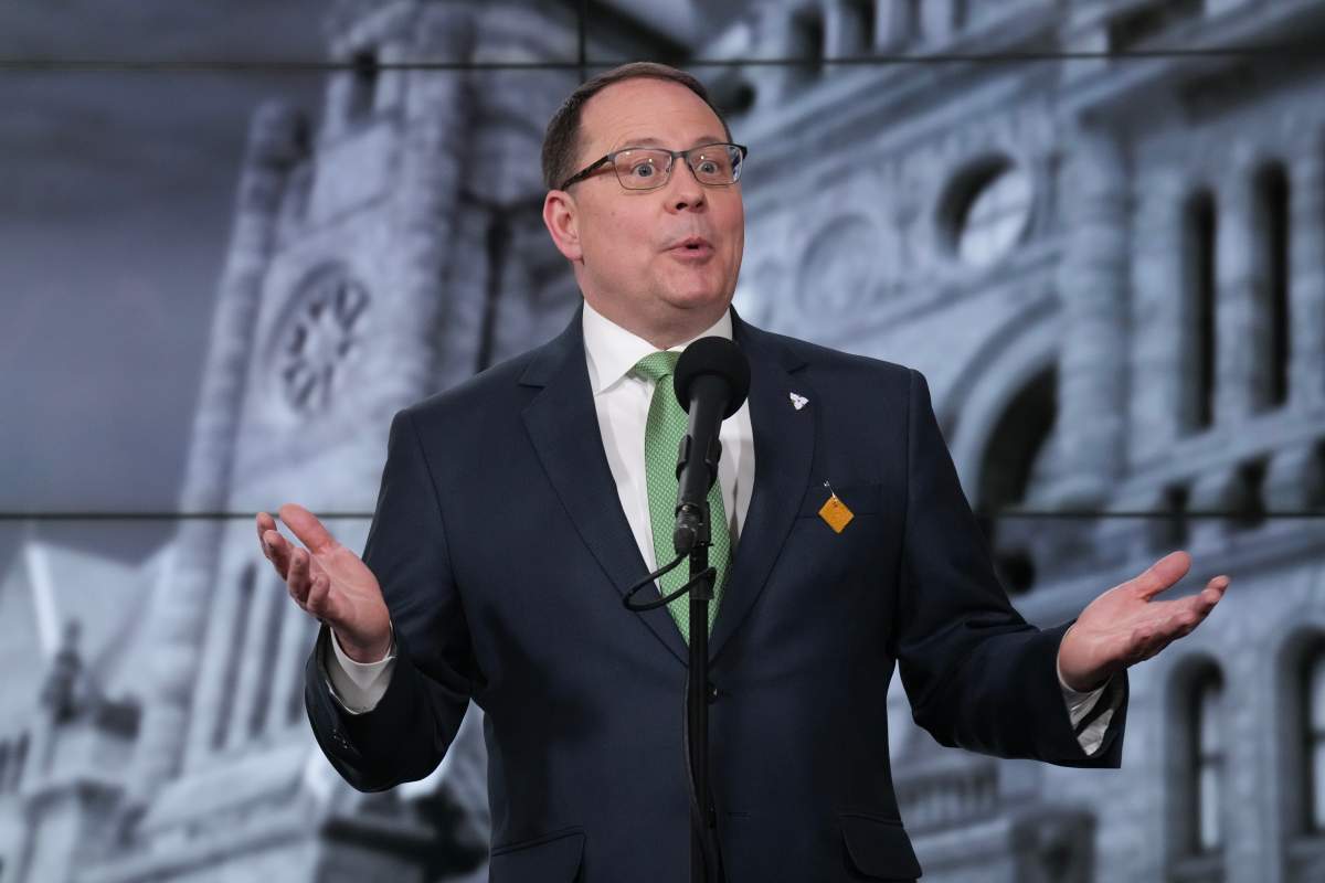 Ontario Green Party Leader Mike Schreiner speaks to reporters after the Ontario Leaders’ debate at CBC’s Broadcast Centre, in Toronto, Monday, Feb. 17, 2025.