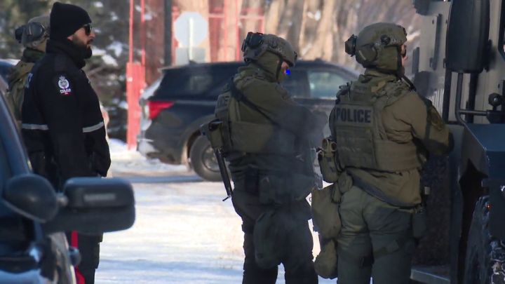 A significant police presence in Edmonton's Strathearn neighbourhood on Feb. 11, 2025.