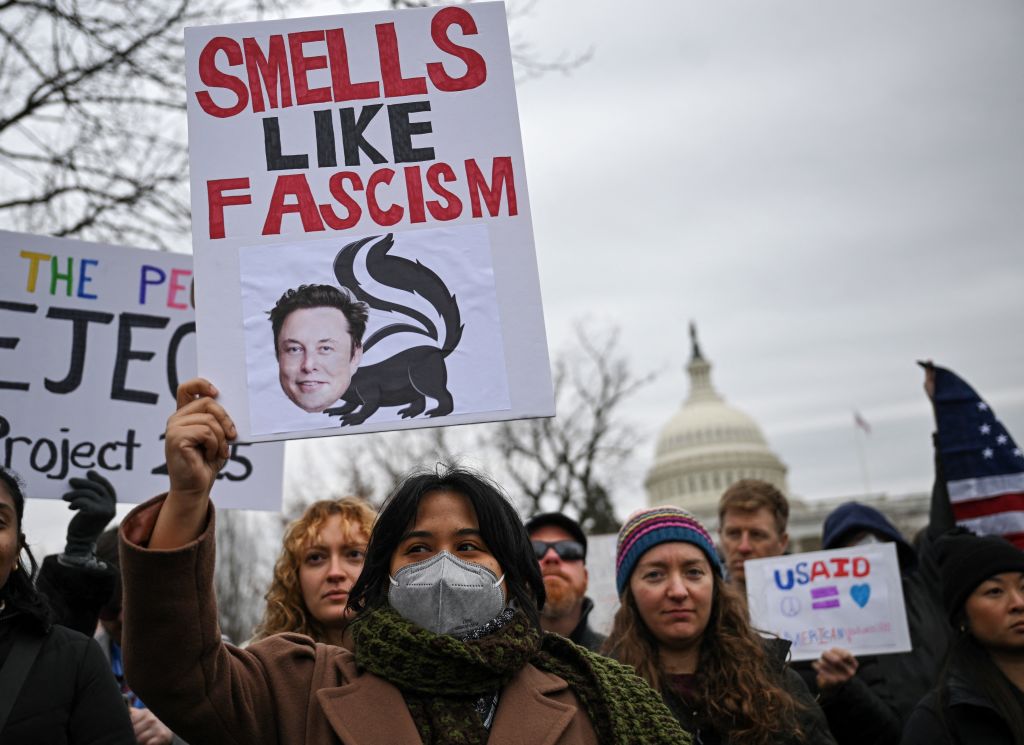 People protest against the administration of President Donald Trump's decision to virtually shut down the United States Agency for International Development (USAID) at the U.S. Capitol in Washington, D.C., on Feb. 5, 2025.