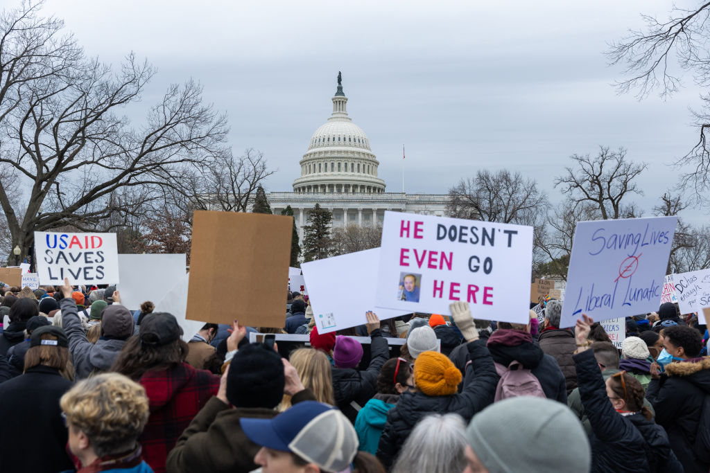 Protestors gather outside of the U.S. Capitol for a rally in support of USAID in Washington, DC on Feb. 5, 2025.