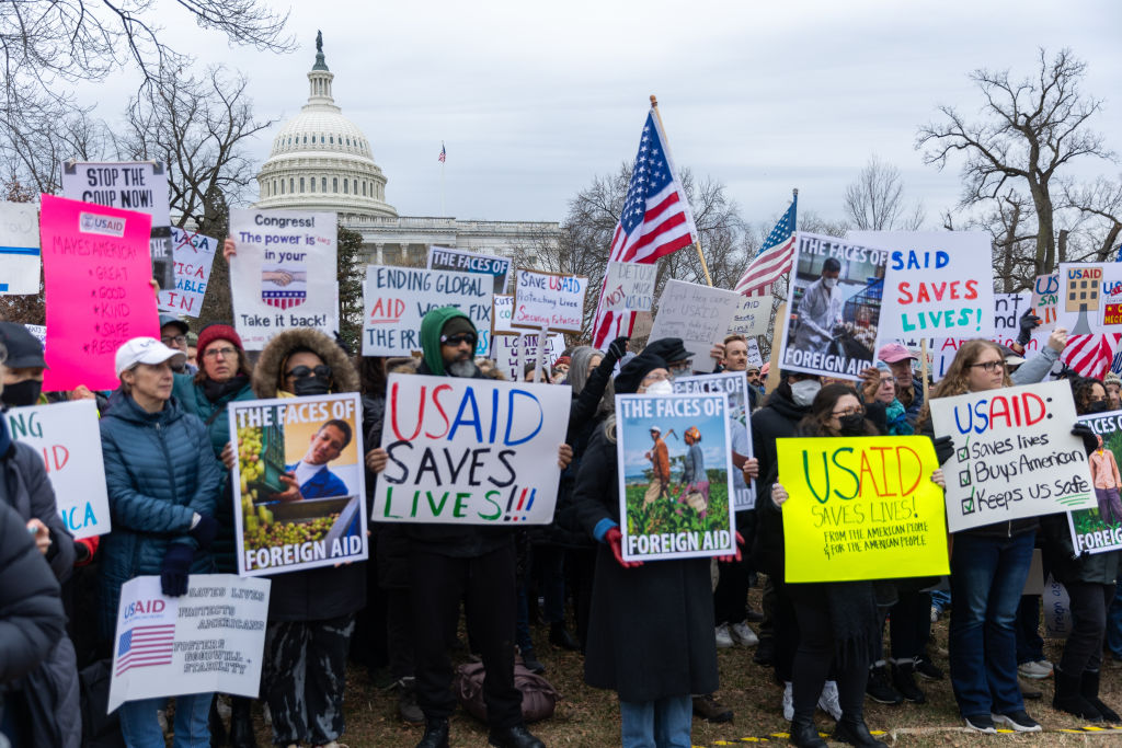 Protestors gather outside of the U.S. Capitol for a rally in support of USAID in Washington, DC on Feb. 5, 2025.