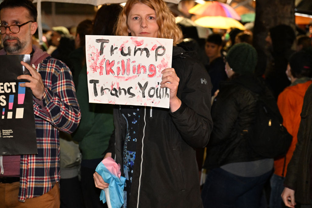 Supporters of transgender youth demonstrate outside Children's Hospital Los Angeles (CHLA) on February 6, 2025 in the wake of President Donald Trump's executive order threatening to pull federal funding from healthcare providers who offer gender-affirming care to children.