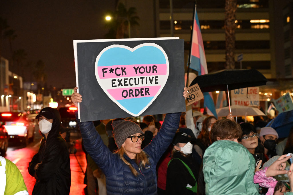 Supporters of transgender youth demonstrate outside Children's Hospital Los Angeles (CHLA) on February 6, 2025 in the wake of President Donald Trump's executive order threatening to pull federal funding from healthcare providers who offer gender-affirming care to children.