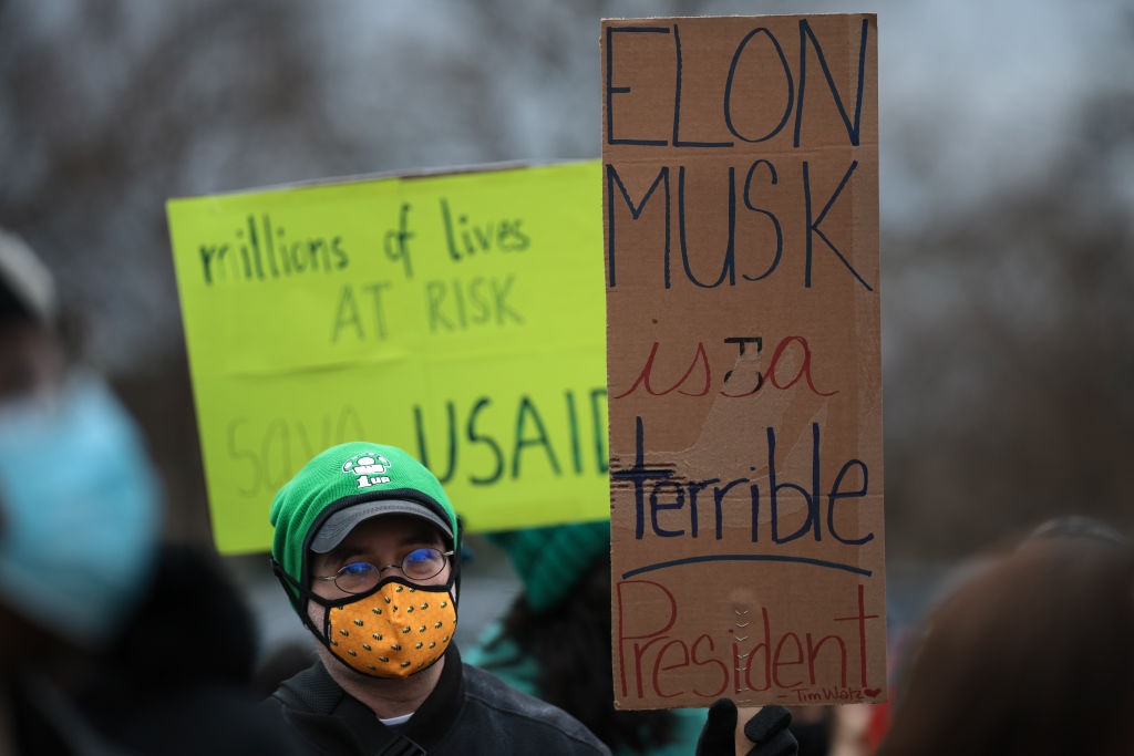 Protesters gather at a rally supporting USAid near the U.S. Capitol on Feb. 5, 2025 in Washington, DC. USAid employees and supporters protested against the Trump Administration's sudden closure of USAid, canceling aid work, conflict prevention, and foreign policy work around the world as well as potentially laying off thousands of employees.