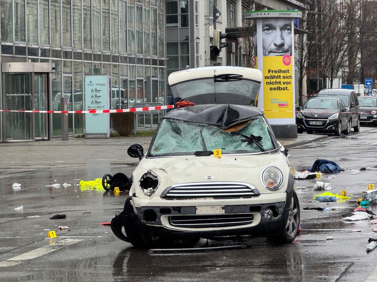 A view of the damaged car after a car plowed into a crowd in the southern German city of Munich on February 13, 2025 injuring multiple people, according to local authorities.