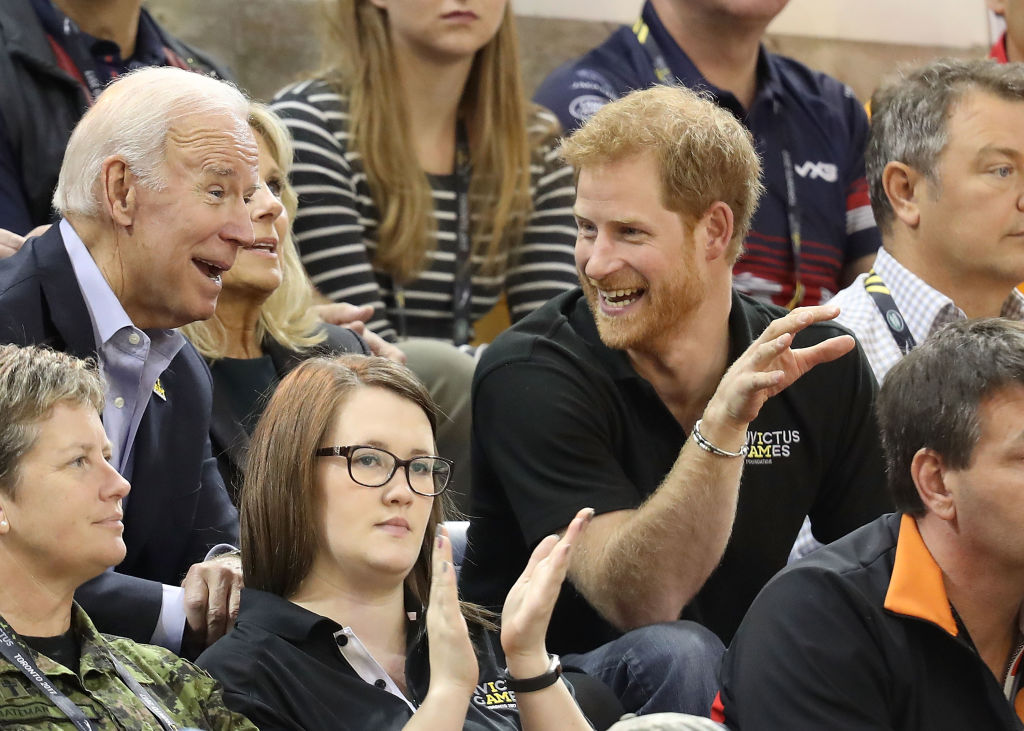 Prince Harry, Joe Biden and Jill Biden cheer on the teams as the USA compete against the Netherlands in the Wheelchair Basketball Finals during the Invictus Games 2017 at Mattamy Athletic Centre on September 30, 2017 in Toronto, Canada.