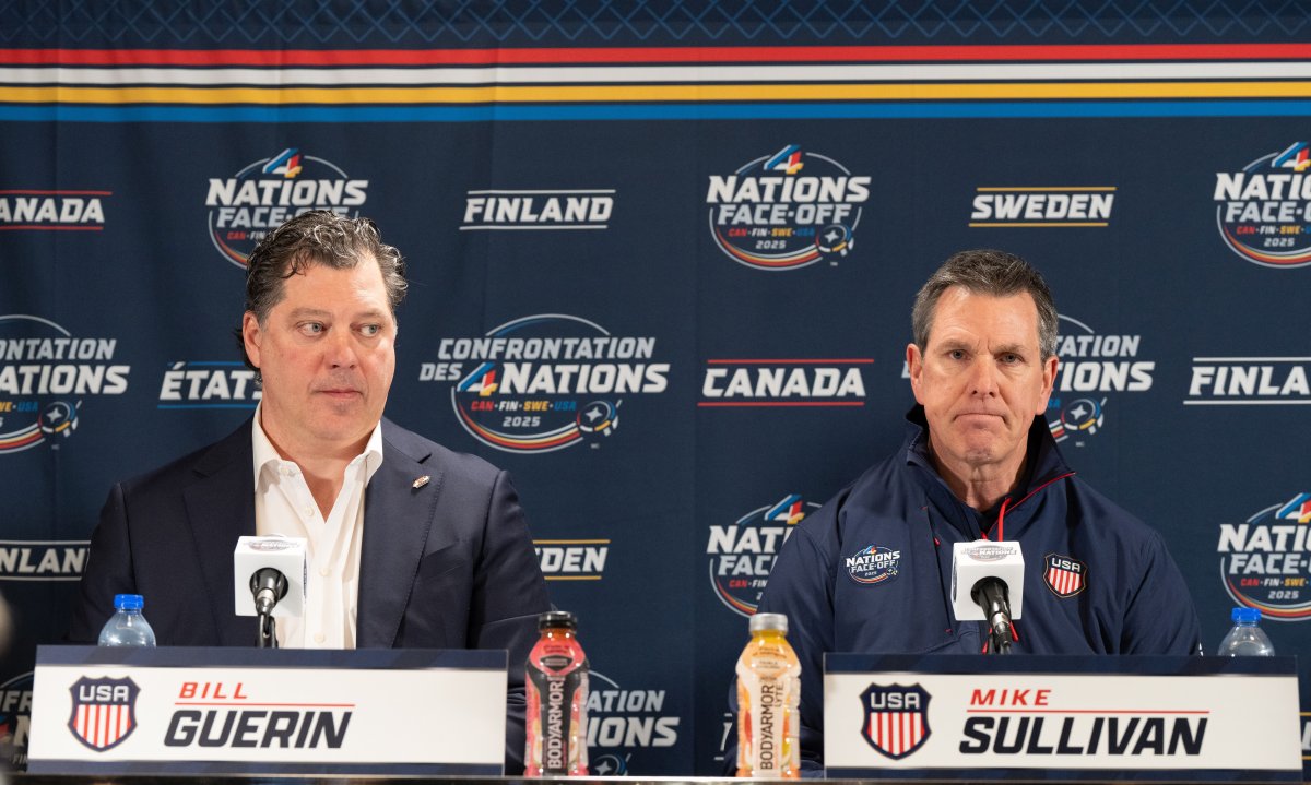 United States General Manager Bill Guerin and Head Coach Mike Sullivan speak to the media following 4 Nations Face-Off hockey practice in Montreal, Tuesday, Feb. 11, 2025.