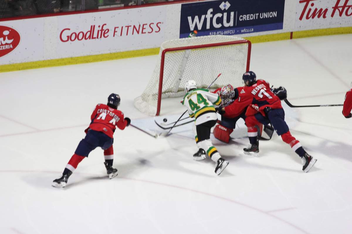 Jesse Nurmi of the London Knights scores a second period goal against the Windsor Spitfires in a game played at the WFCU Centre on Feb. 2, 2025.