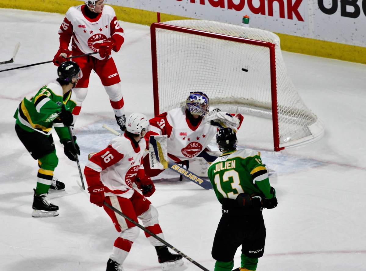 Jacob Julien scores for the London Knights in a win over the Sault Ste. Marie Greyhounds in a game played at Canada Life Place on Feb. 14, 2025.