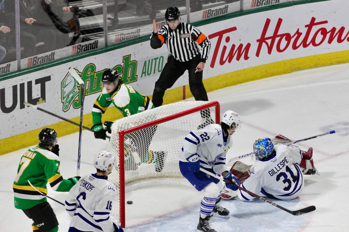 Sam Dickinson scores the game winning goal with 14.7 seconds left in overtime as the London Knights edged the Brampton Steelheads 4-3 at Canada Life Place on Feb. 21, 2025.