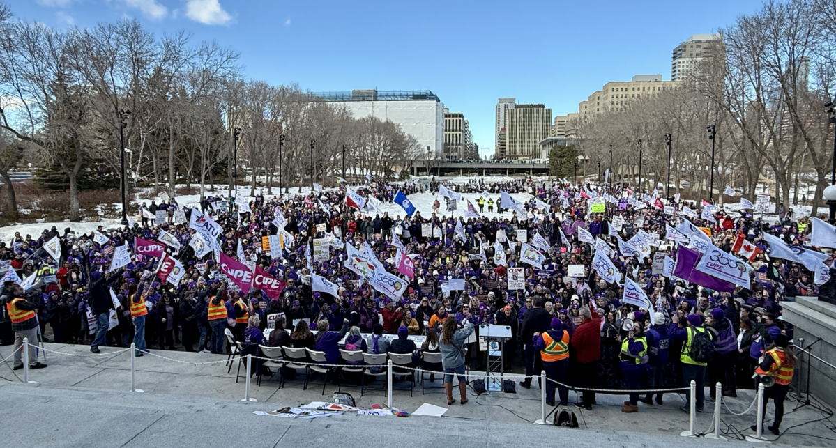 Alberta education support staff and CUPE members protesting outside the Alberta legislature in Edmonton while the provincial budget was being tabled inside on Thursday, February 27, 2025.