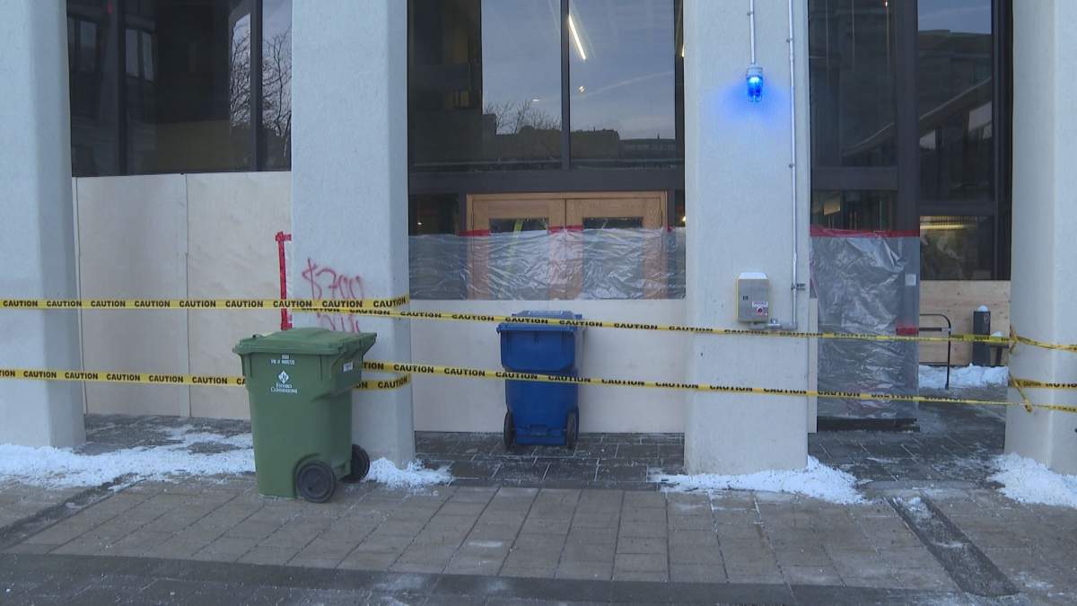 Police are investigating after a group allegedly smashed windows and graffitied the entrance to McGill University with the message, “Free Palestine.”