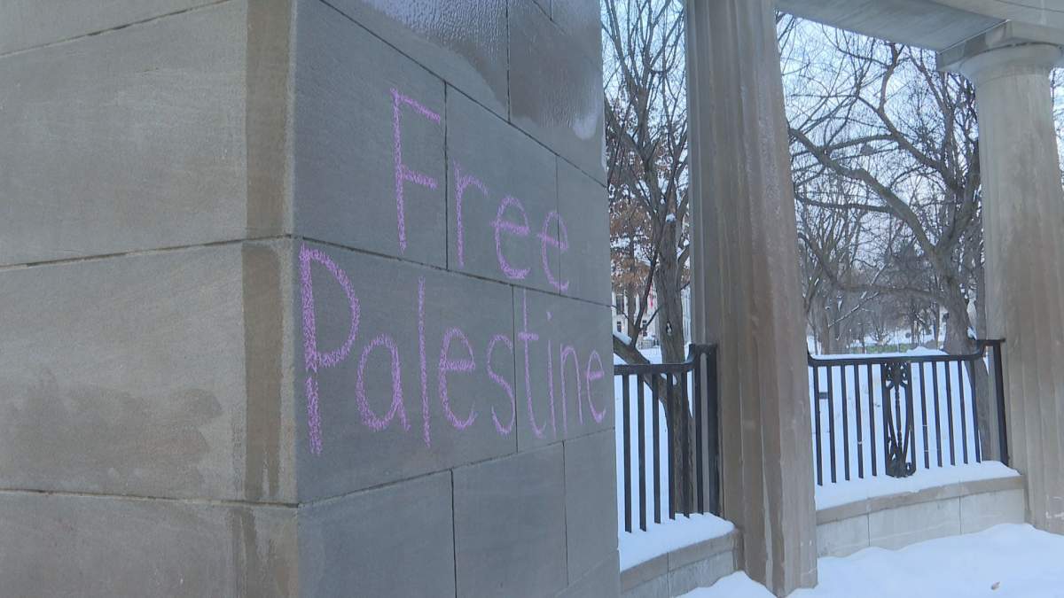Police are investigating after a group allegedly smashed windows and graffitied the entrance to McGill University with the message, “Free Palestine.”