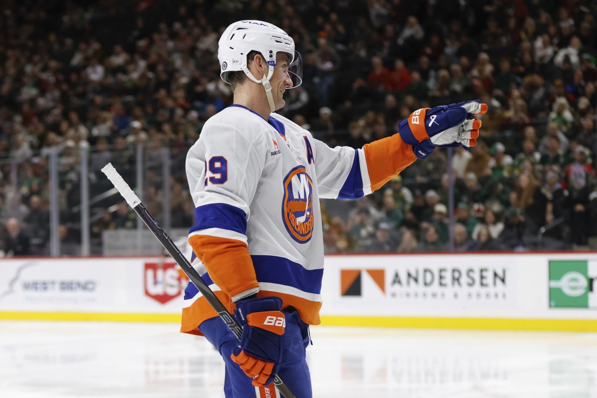 New York Islanders centre Brock Nelson celebrates after scoring against the Minnesota Wild during the second period of an NHL hockey game Saturday, Feb. 8, 2025, in St. Paul, Minn.