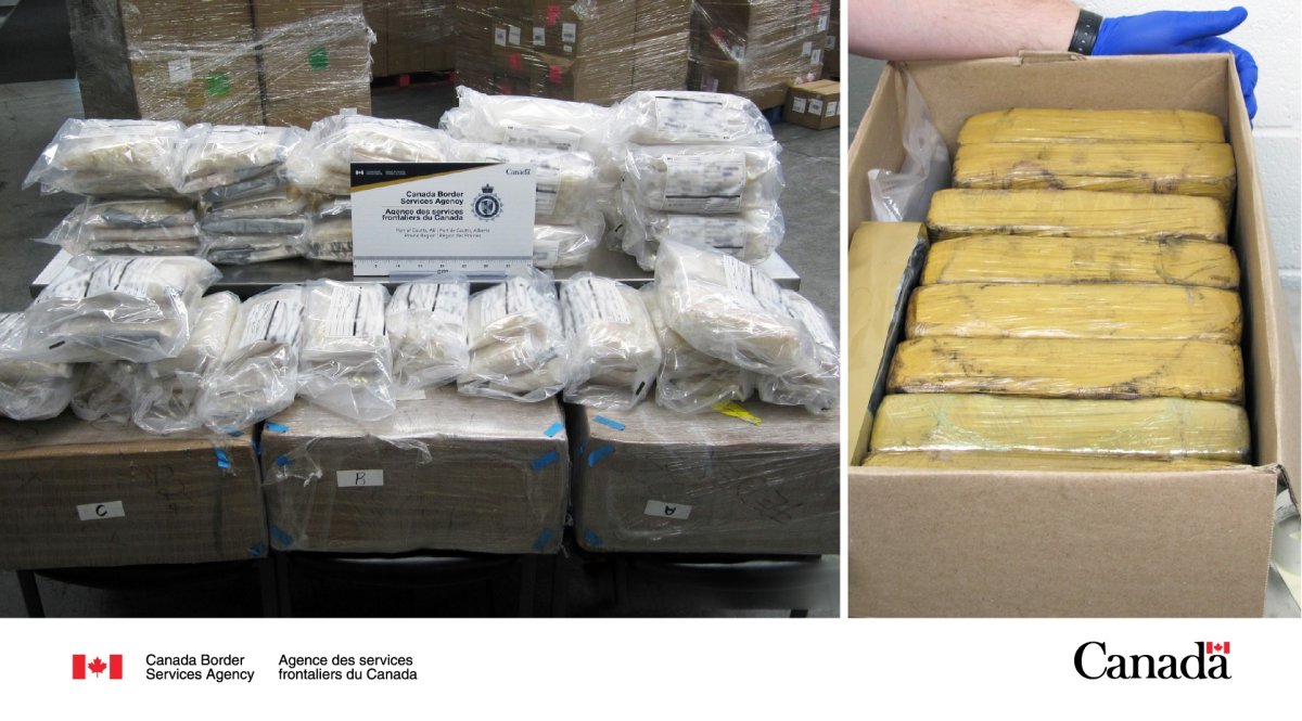 The Canada Border Services Agency seized 186 kg of methamphetamine and 42 kg of cocaine from commercial trucks trying to enter Canada at the at the Coutts port of entry in southern Alberta.