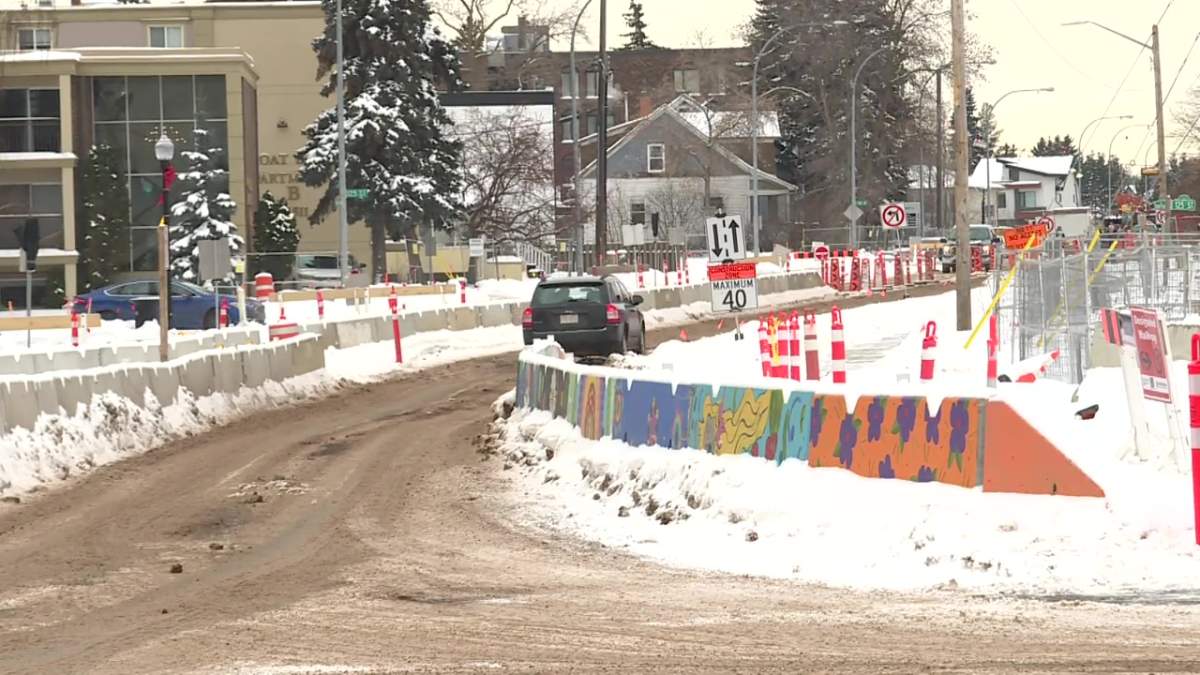 Valley Line LRT West construction along Stony Plain Road at 124 Street in February 2025.
