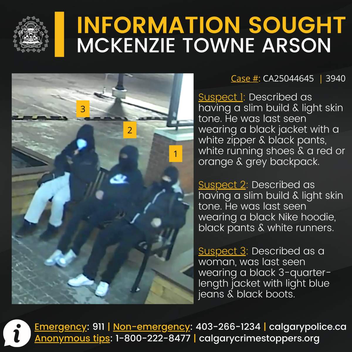 Calgary police have released a photo of three suspects in an arson investigation in McKenzie Towne Centre on Jan. 31, 2025, in hopes tips from the public will help identify them.
