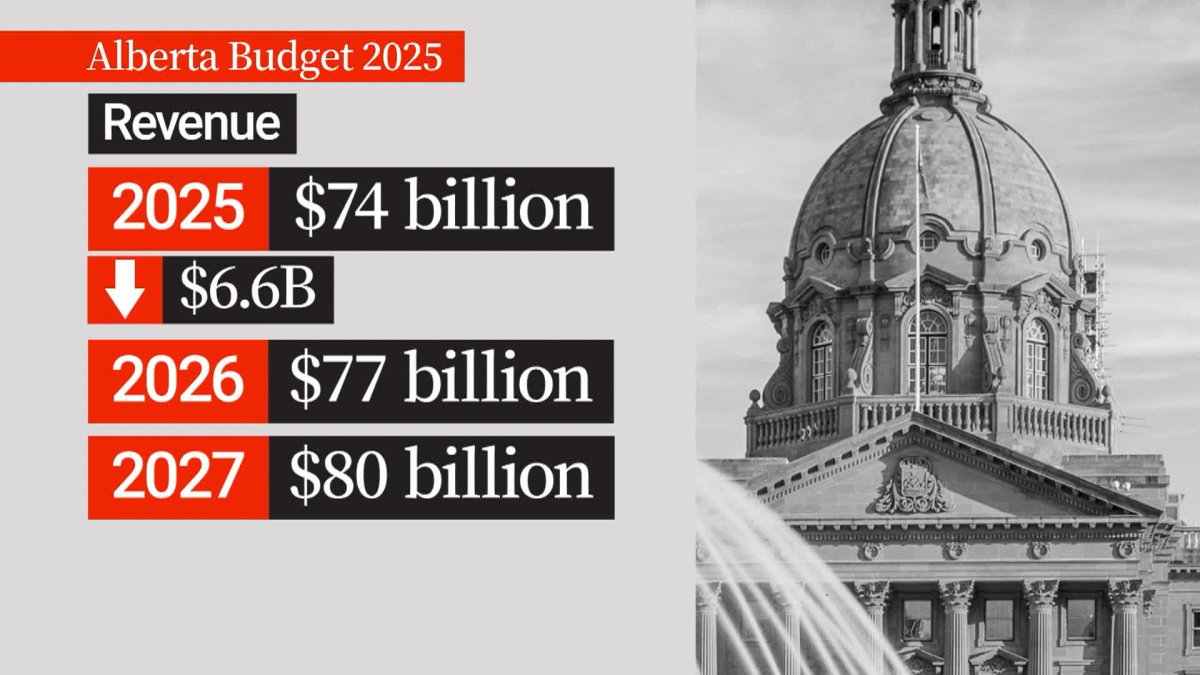 The Alberta government's 2025/26 budget forecasts revenue of $74 billion, a drop of $6.6 billion from this year's budget.