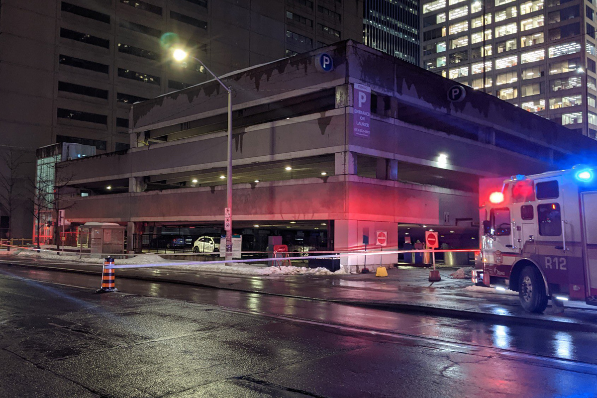 A six-story parking garage at 265 Laurier Ave. W. is shown in this photo shared by Ottawa fire on X.