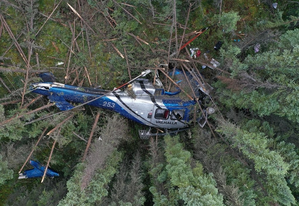 An overhead view of the site of a fatal crash involving a Bell 205A-1 helicopter belonging to Valhalla Helicopters is shown in an undated RCMP handout photo which was made part of a report on the incident prepared by the Transportation Safety Board of Canada.