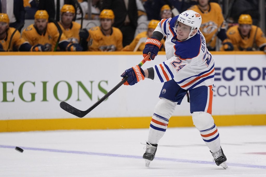 Edmonton Oilers defenceman Travis Dermott (24) plays during the first period of an NHL hockey game against the Nashville Predators, Thursday, Oct. 31, 2024, in Nashville, Tenn.