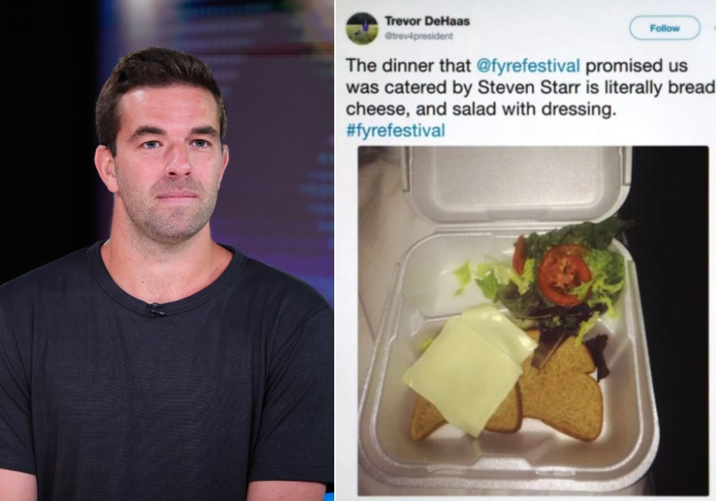 (L-R): Fyre Festival organizer Billy McFarland and A tweet showing the cheese sandwiches served to Fyre Festival attendees in 2017.