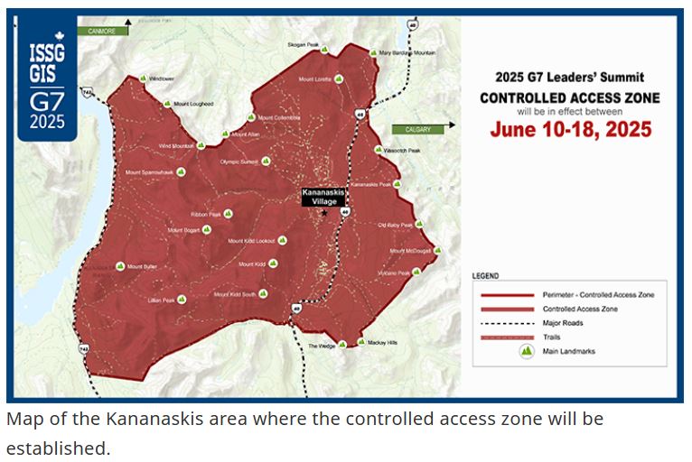 This map, released by the Integrated Safety and Security Group, which will be providing security at the G7 summit in Kananaskis in June 2025, shows a large area that the general public will not have access to during the summit.