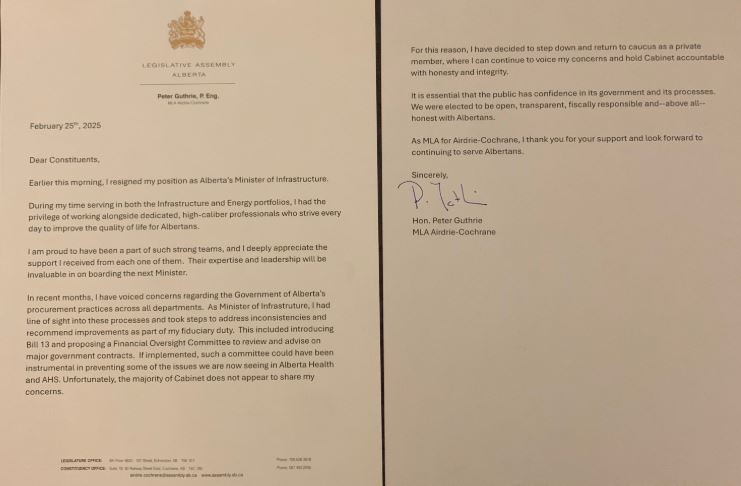 Alberta's Minister of Infrastructure, Peter Guthrie, announced his resignation from cabinet in a letter to constituents posted on social media.