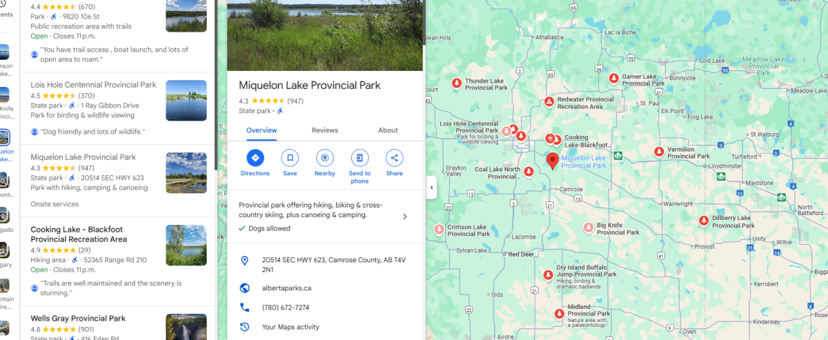 A screenshot of an Alberta provincial park labelled as a state park in Google Maps.