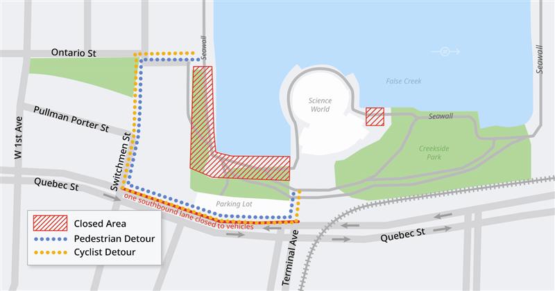 A map showing the closed area of the Expo Deck and walking and cycling detours.