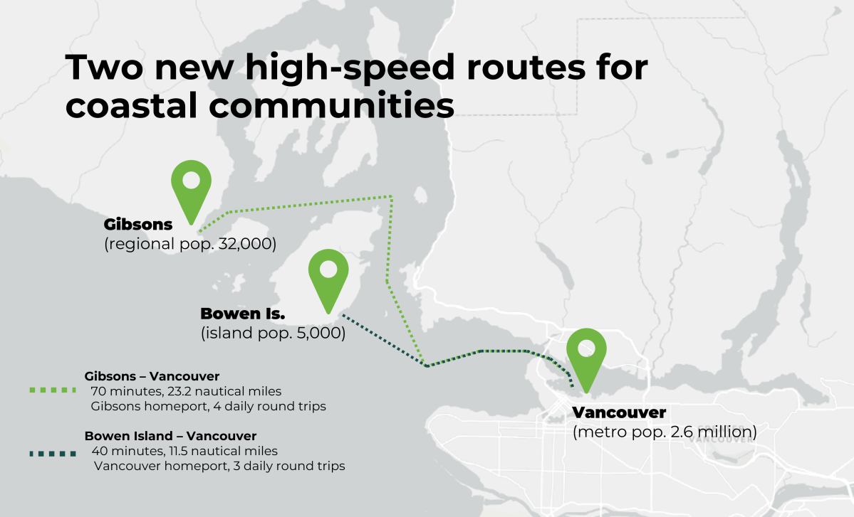 Proposed routes from Vancouver to Gibsons and Bowen Island.