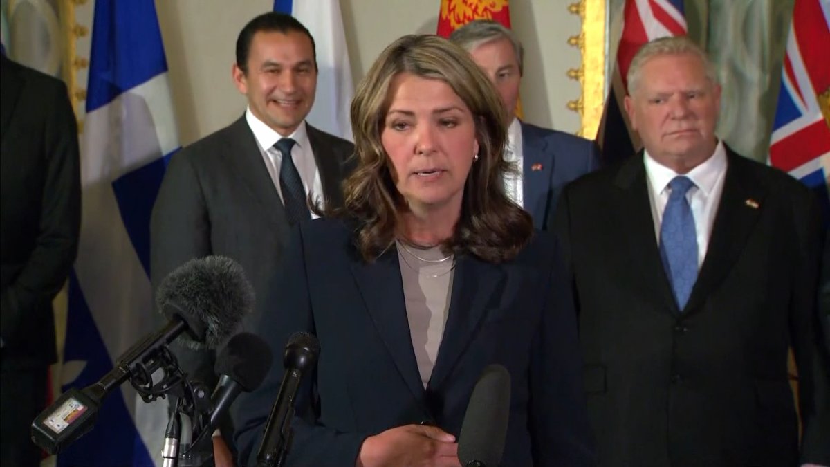 Alberta premier Danielle Smith speaks to reporters in Washington where she and other Premiers were meeting with American lawmakers to talk about President Donald Trump's tariff threats.