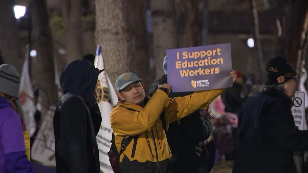 The striking education support workers from the Calgary area join about 4,000 of their colleagues from other parts of the province who have already been on strike for more than a month.