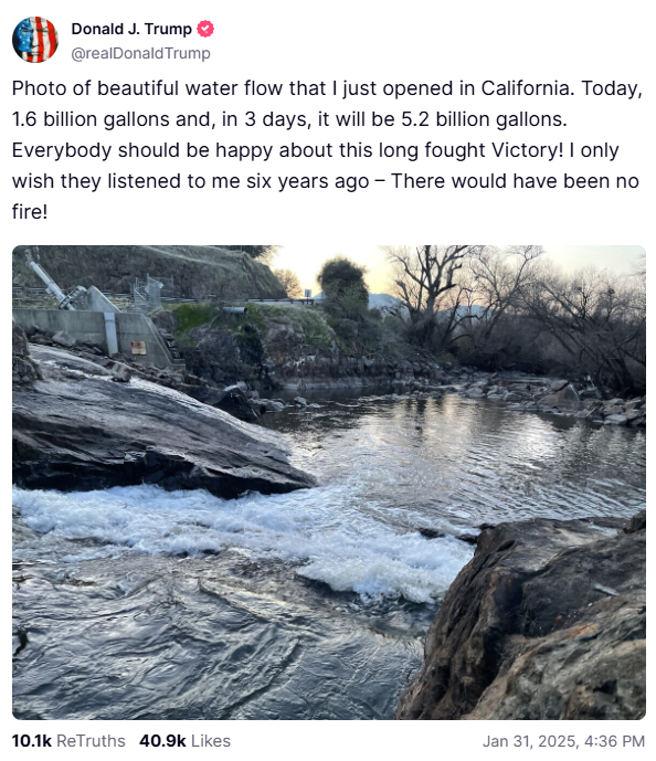 A post from President Donald Trump on his Truth Social platform, boasting about releasing water from California dams.