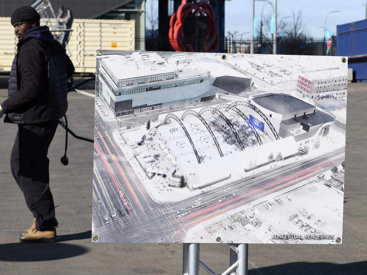 Photo of a rendering of the event space planned to be built near Rogers Place in downtown Edmonton.