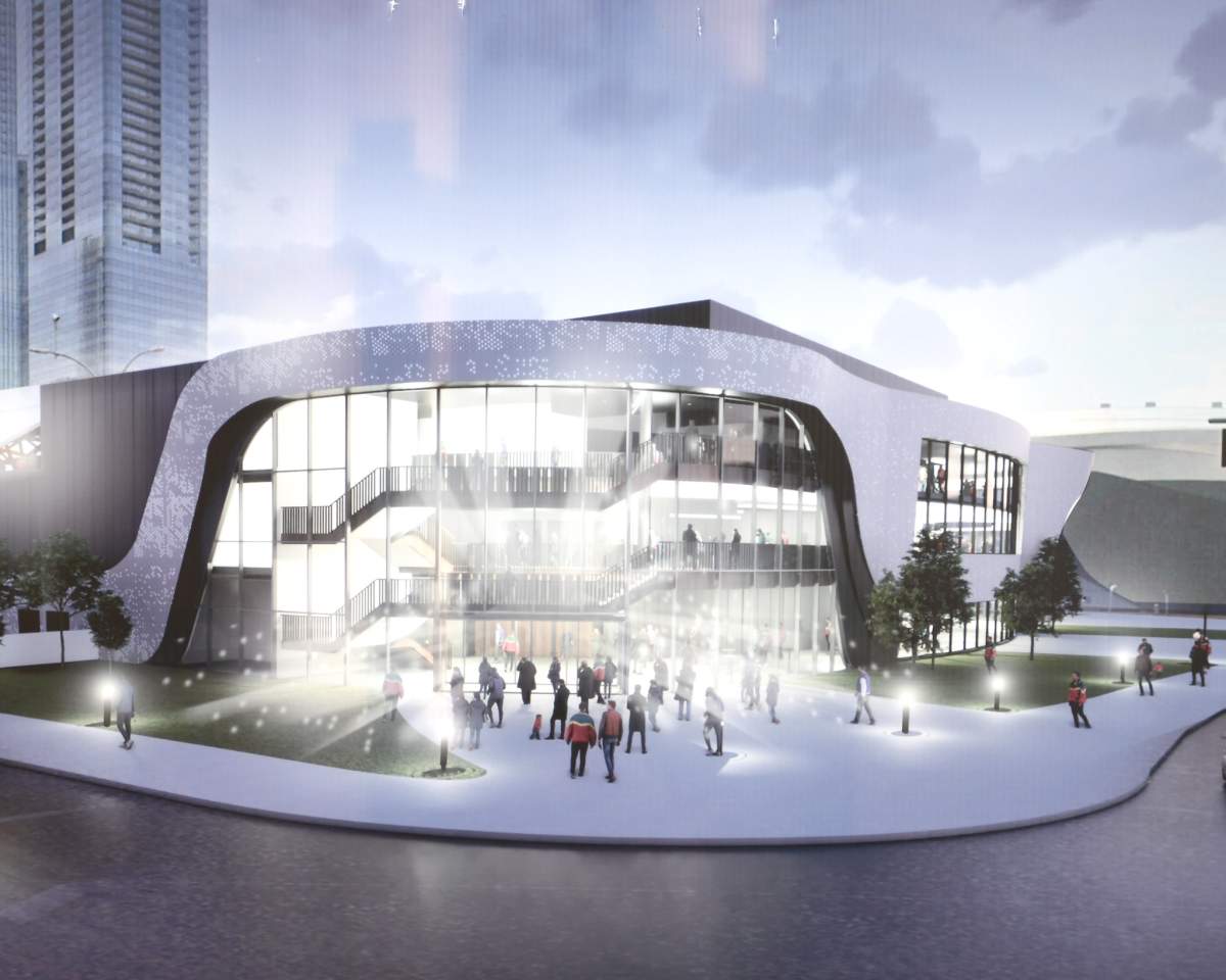 Rendering of the event space planned to be built near Rogers Place in downtown Edmonton.