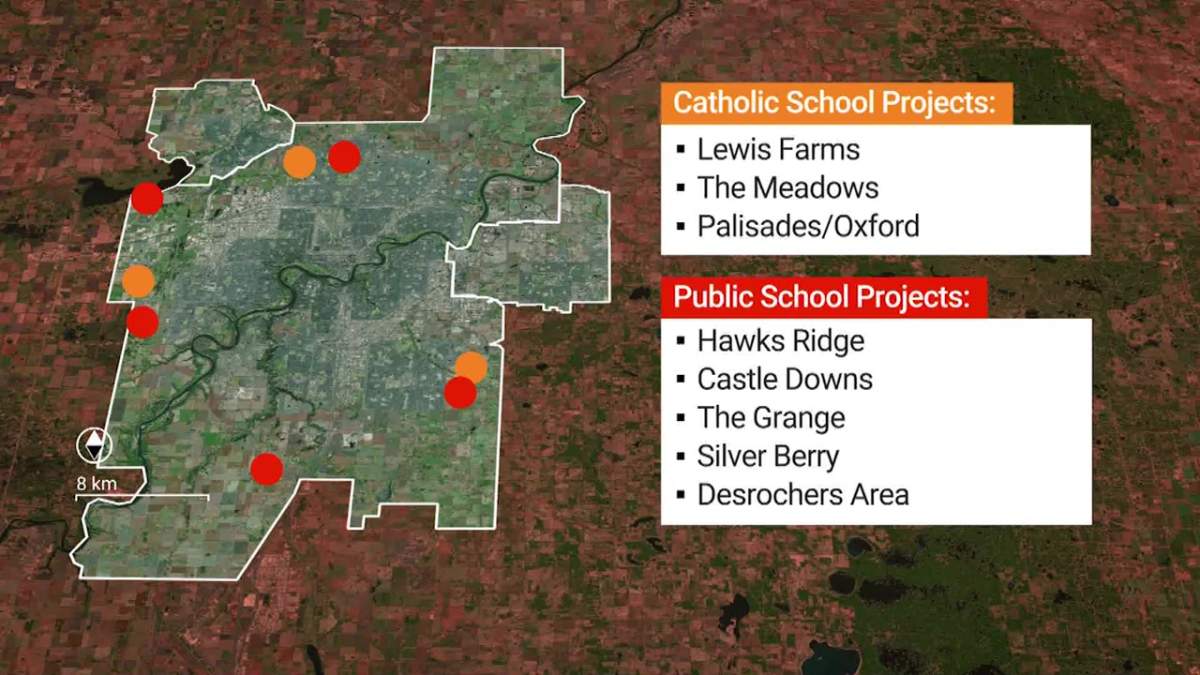 A map showing where some of the 2025 school projects in Edmonton will be.