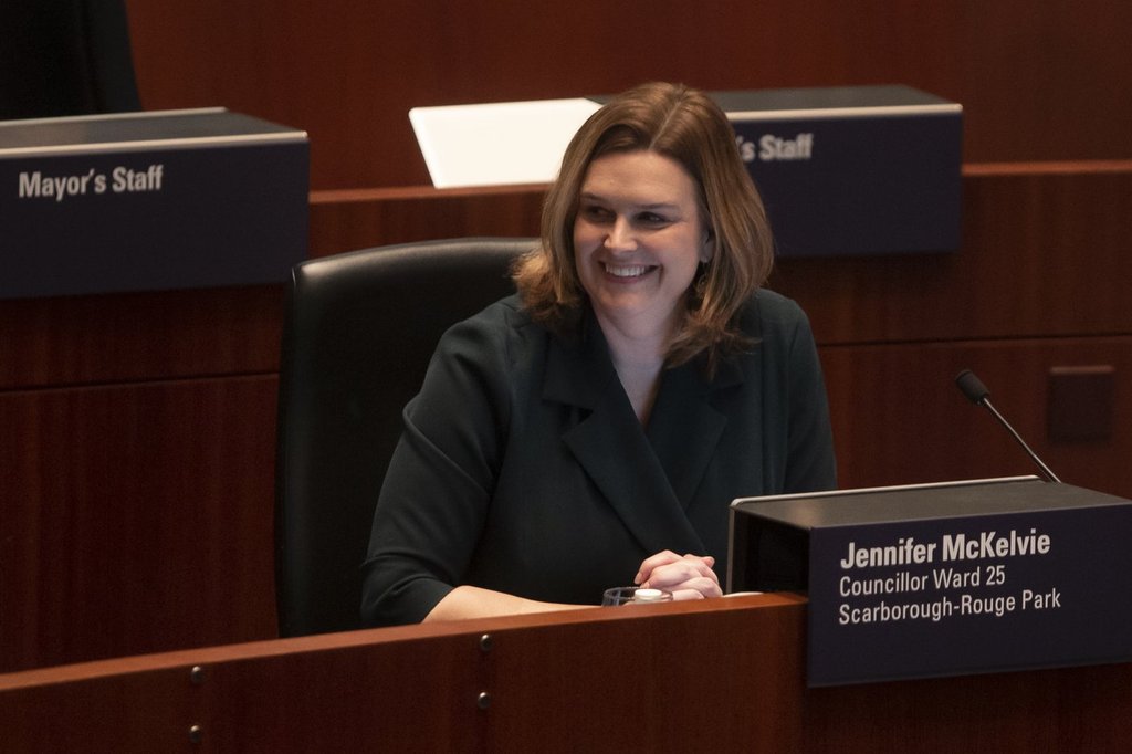Toronto deputy mayor Jennifer McKelvie sits in the council chamber ahead of the Budget meeting on Wednesday February 15, 2023.  THE CANADIAN PRESS/Chris Young.