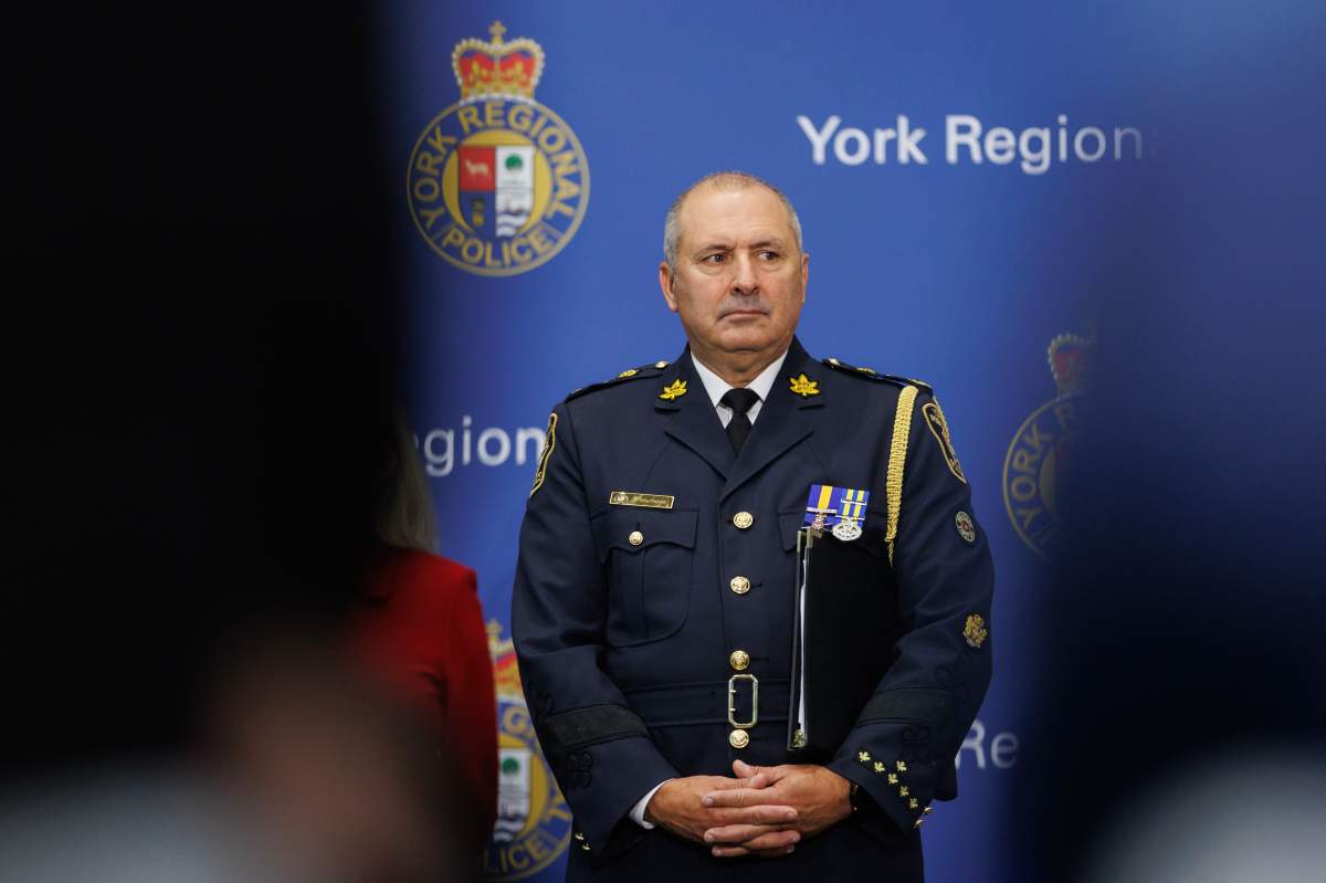 York Regional Police chief Jim MacSween at press in Aurora, Ont., Jan. 31, 2024. THE CANADIAN PRESS/Cole Burston