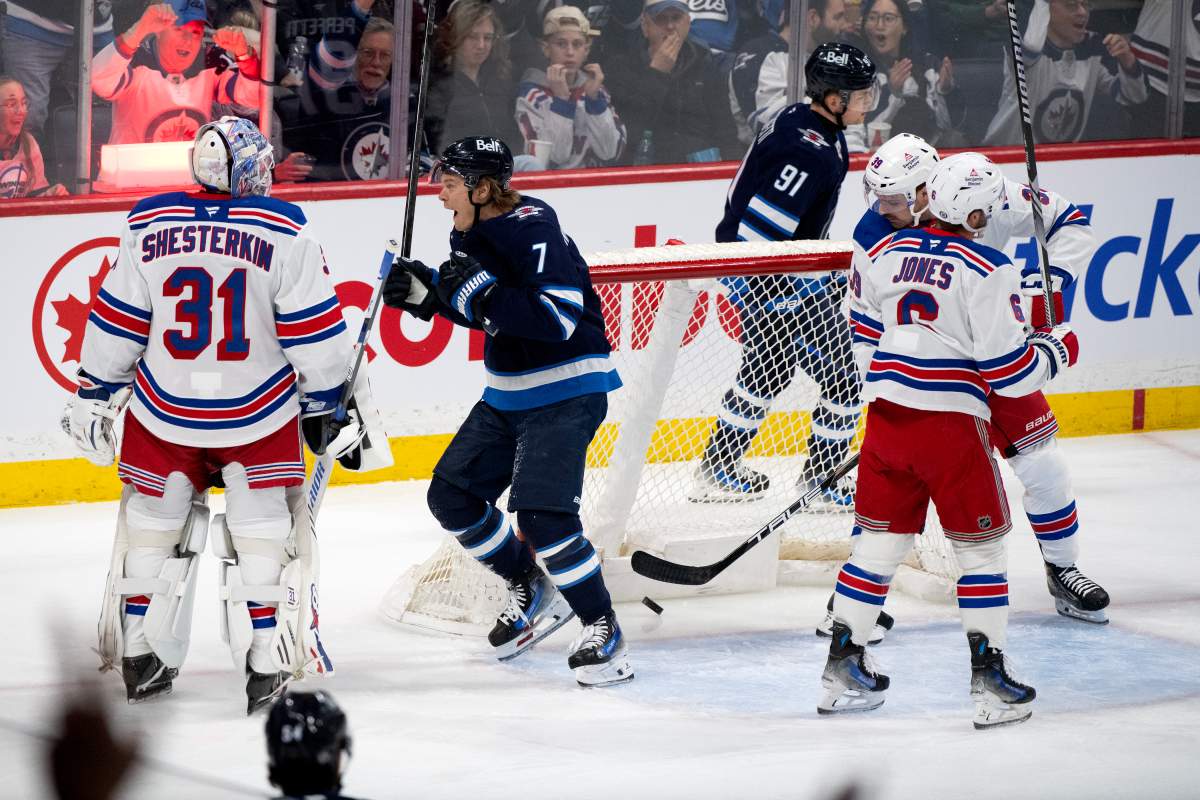 Winnipeg Jets' Vladislav Namestnikov (7) celebrates his goal on New York Rangers goaltender Igor Shesterkin (31) during the first period of their NHL hockey game in Winnipeg, Tuesday March 11, 2025. THE CANADIAN PRESS/Fred Greenslade.