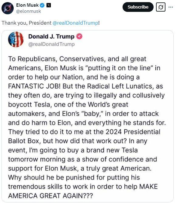 A screenshot of Elon Musk's post on X.