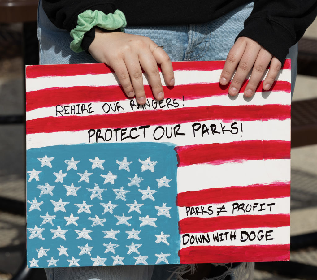 More than 100 turned out for the Protect the Parks protest at the Anthony C. Beilenson Interagency Visitor Center at King Gillette Ranch in Calabasas, Calif., on Saturday, March 1, 2025.